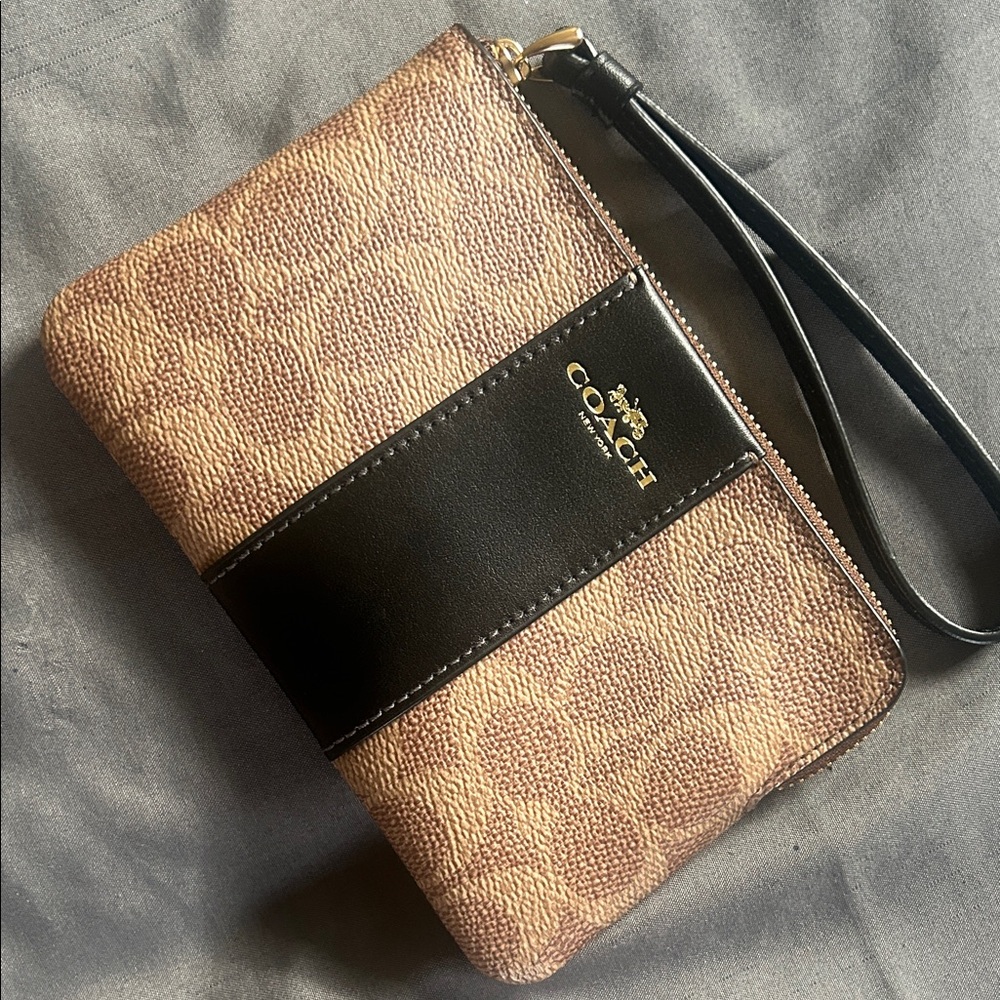 Coach Tan and Black Signature Wristlet